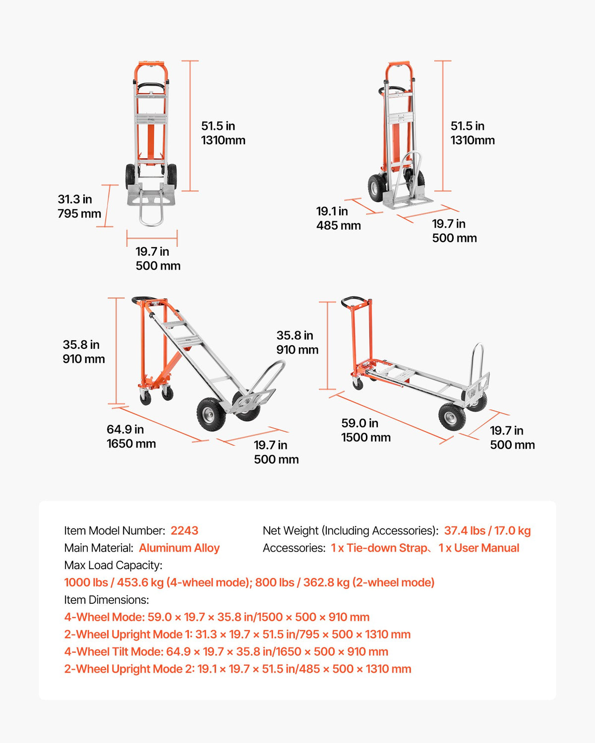 4-in-1 Aluminum Convertible Hand Truck, 1,000 lb | NOVU CA