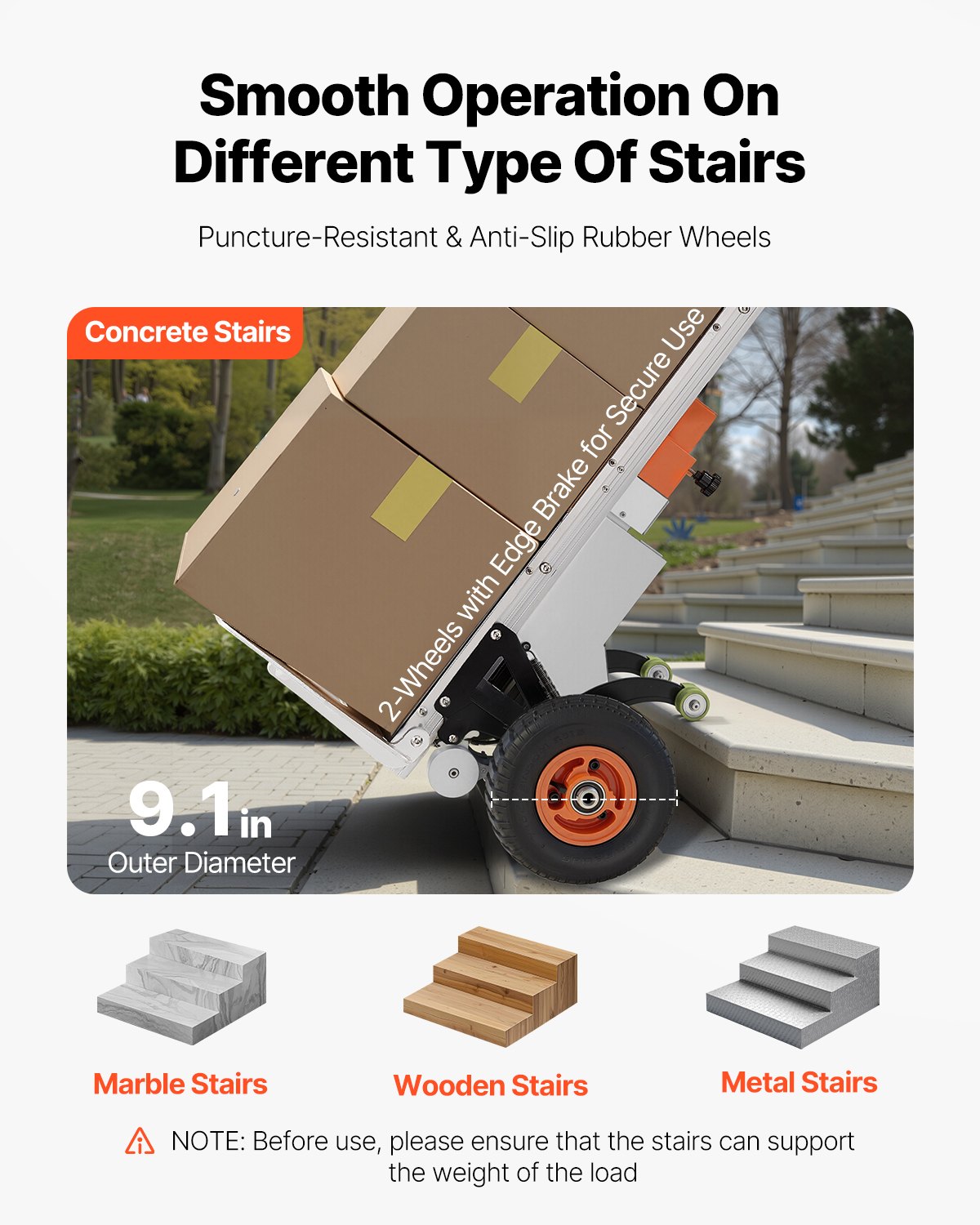 Cart with wheels on stairs, highlighting puncture-resistant and anti-slip rubber wheels.