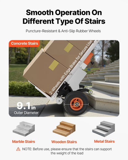 Cart with wheels on stairs, highlighting puncture-resistant and anti-slip rubber wheels.