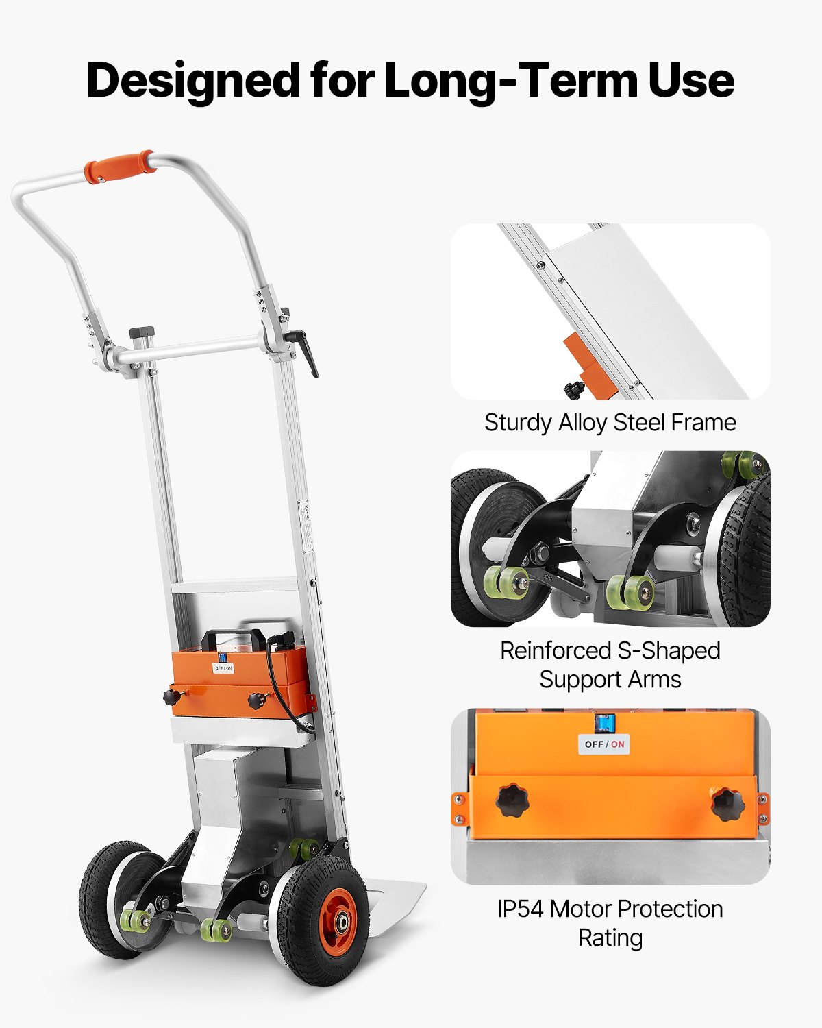 Sturdy tool with reinforced S-shaped support arms and IP54 motor protection rating on a white background.