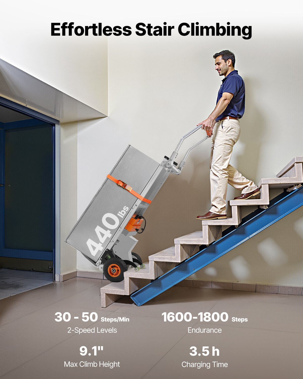 Person using a stair climbing machine with specifications displayed on a white wall.