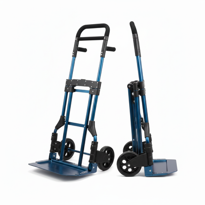 Blue folding hand truck shown open and folded on a white background