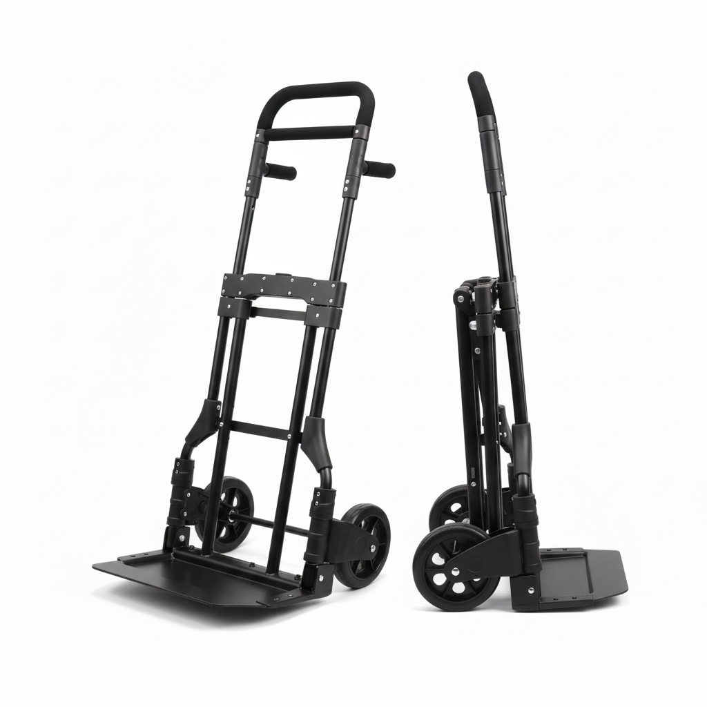 Black folding hand truck shown open and folded on a white background