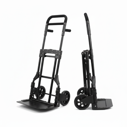 Black folding hand truck shown open and folded on a white background
