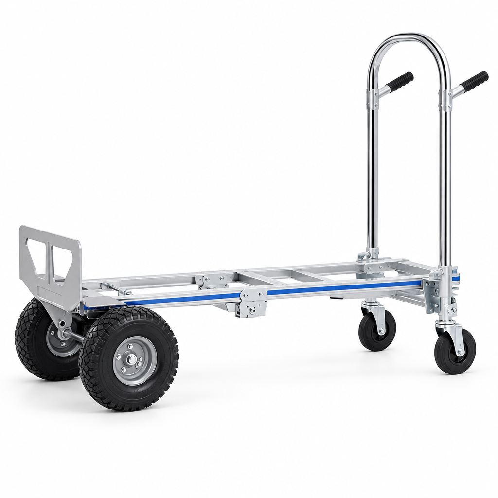 High-resolution side-profile view of the convertible hand truck in cart mode