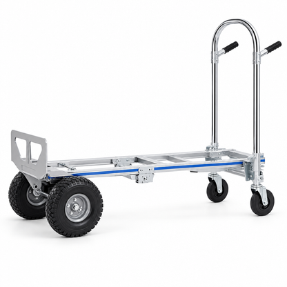 High-resolution side-profile view of the convertible hand truck in cart mode