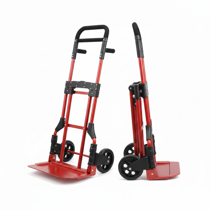 Red folding hand truck shown open and folded on a white background