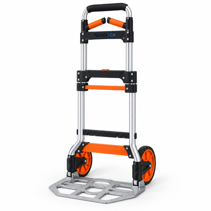 Diable pliable NOVU CA orange, noir et argent entièrement déployé sur fond blanc