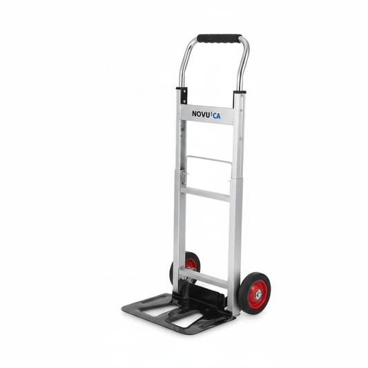 Diable convertible NOVU en aluminium, position verticale sur fond blanc