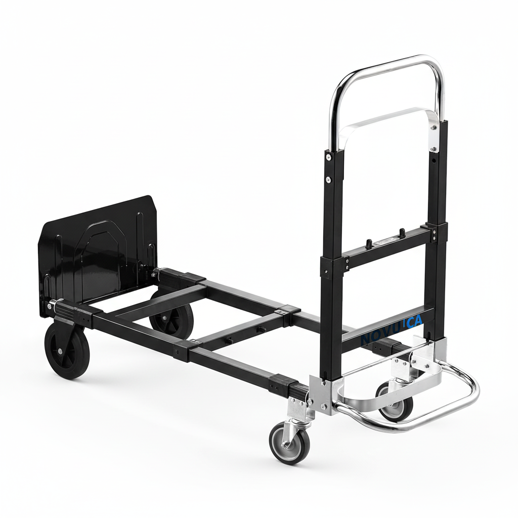 Chariot convertible NOVU CA noir et argent en mode plateforme sur fond blanc