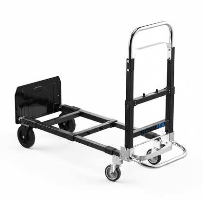 Chariot convertible NOVU CA noir et argent en mode plateforme sur fond blanc