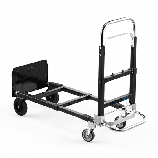 Chariot convertible NOVU CA noir et argent en mode plateforme sur fond blanc