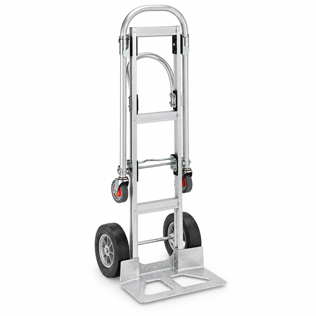 Rear-right angle of the aluminum convertible hand truck